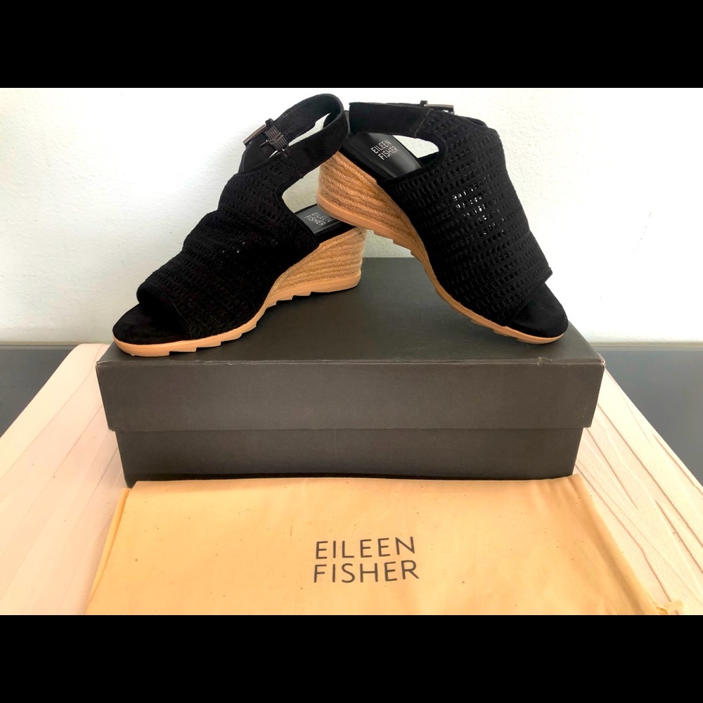 Eileen Fisher Aura Espadrille Wedge Suede Mesh Sandals-Black-Size 5.5M EUC